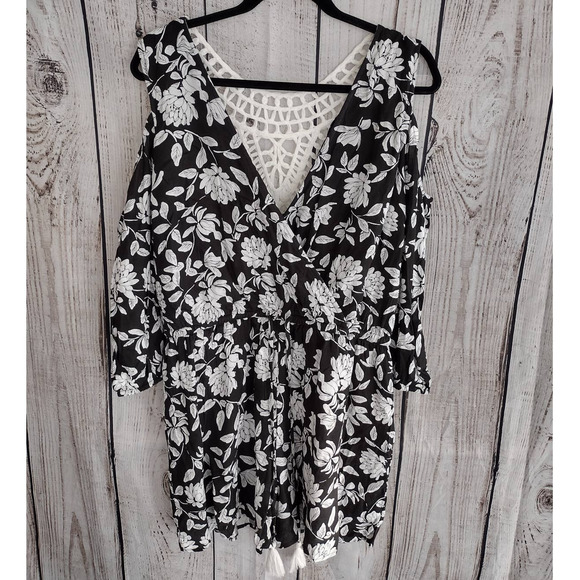 New York & Company Pants - New York & Co. | Black & White Floral Cold Shoulder Crochet-Back Romper